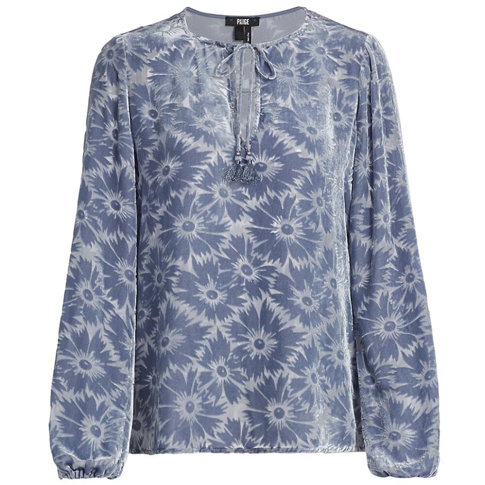 PAIGE Selmah Velvet Flower Tie Neck Top in Iced Slate
